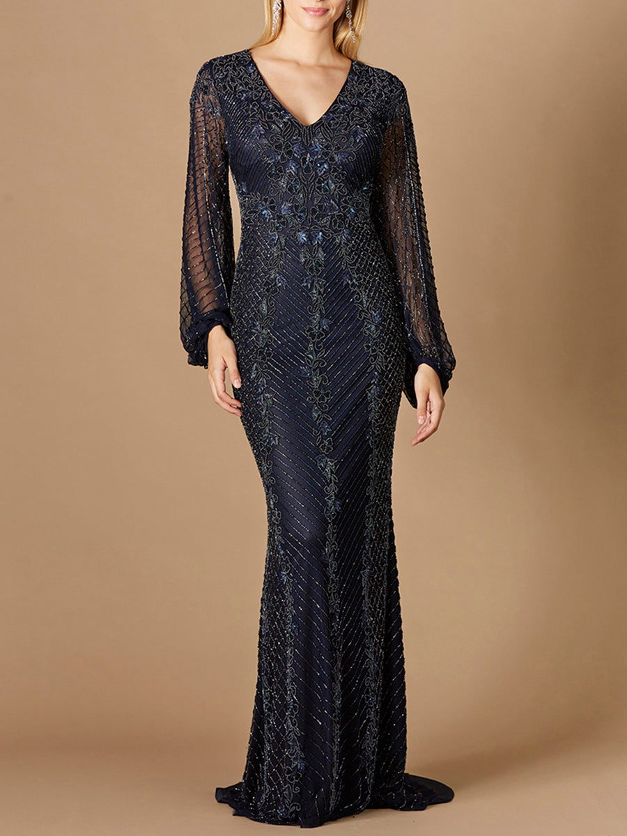Lara Women's Long Sleeve Beaded Gown - Navy