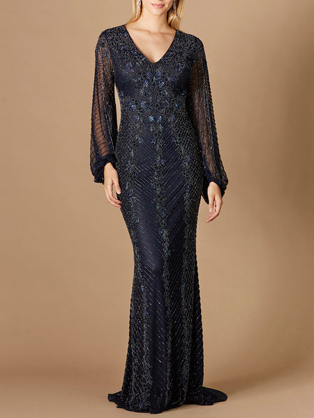 Lara Women's Long Sleeve Beaded Gown - Navy