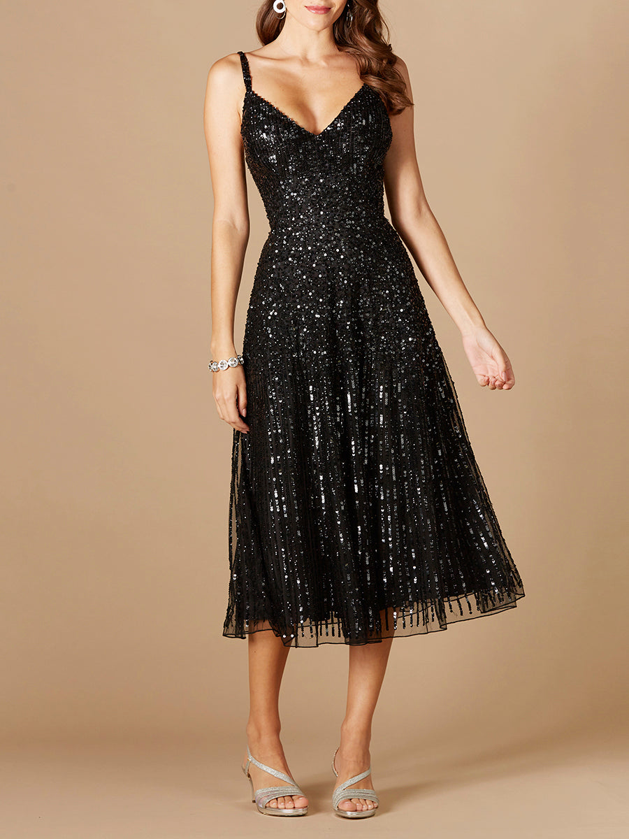 Lara 29347- Flowing, Sequin Midi Dress - Black