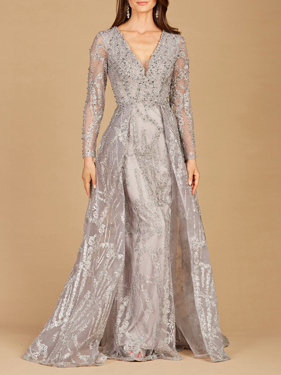 Lara 29352 - Long Sleeve Lace Gown with Overskirt