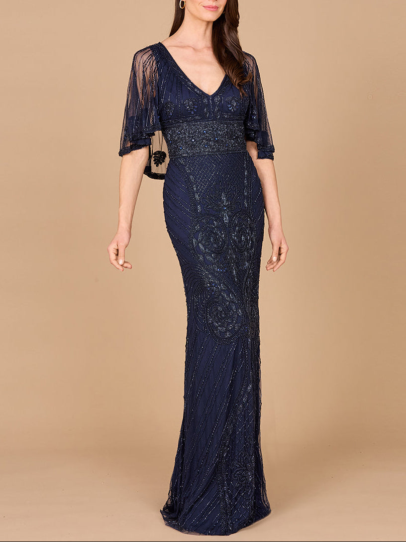 Lara Women's Cape Sleeve V-Neck Beaded Gown - Black Lara Women's Cape Sleeve V-Neck Beaded Gown - Black