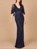 Cape Sleeve V-Neck Beaded Gown | 29356