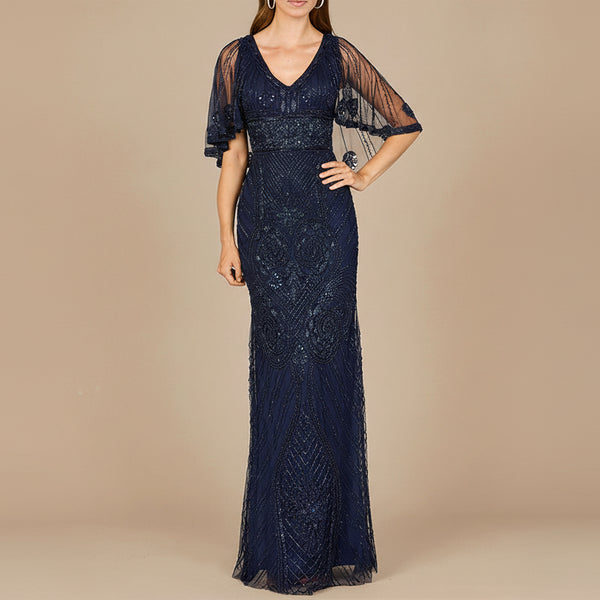 Cape Sleeve V-Neck Beaded Gown | 29356