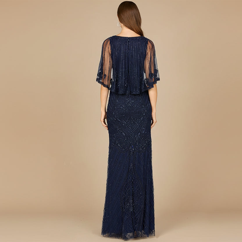 Cape Sleeve V-Neck Beaded Gown Lilac Smoke / 24 Cape Sleeve V-Neck Beaded Gown Lilac Smoke / 24