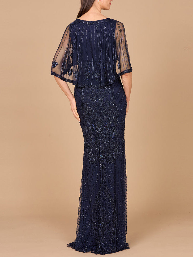beaded party dress modest cape sleeeve round neck Aleya Drape Cape Sleeve Beaded Dress
