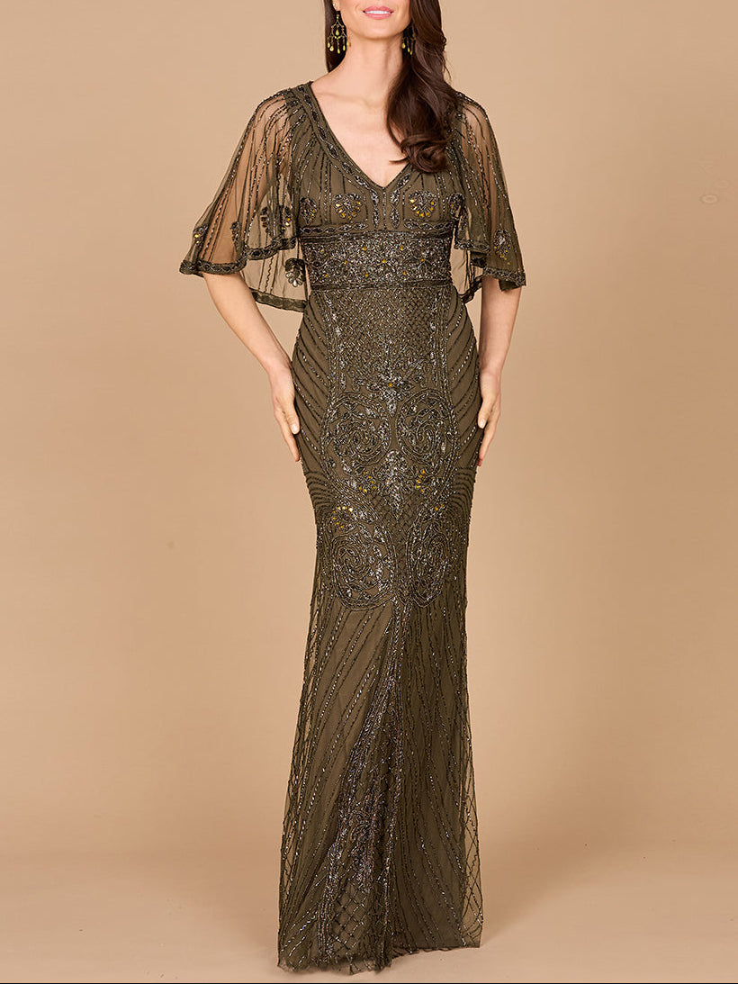 Cape Sleeve V-Neck Beaded Gown Lilac Smoke / 24 Cape Sleeve V-Neck Beaded Gown Lilac Smoke / 24