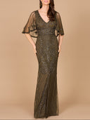 Cape Sleeve V-Neck Beaded Gown | 29356