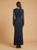 Long Bell Sleeve V-Neck Beaded Gown | 29358