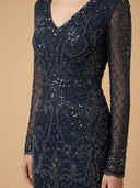 Long Bell Sleeve V-Neck Beaded Gown | 29358