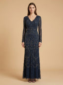 Long Bell Sleeve V-Neck Beaded Gown | 29358