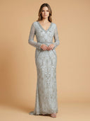 Long Bell Sleeve V-Neck Beaded Gown | 29358