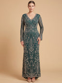 Long Bell Sleeve V-Neck Beaded Gown | 29358