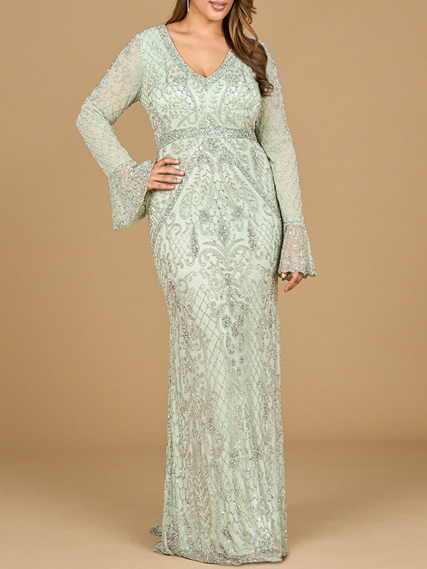 Long Bell Sleeve V-Neck Beaded Gown | 29358