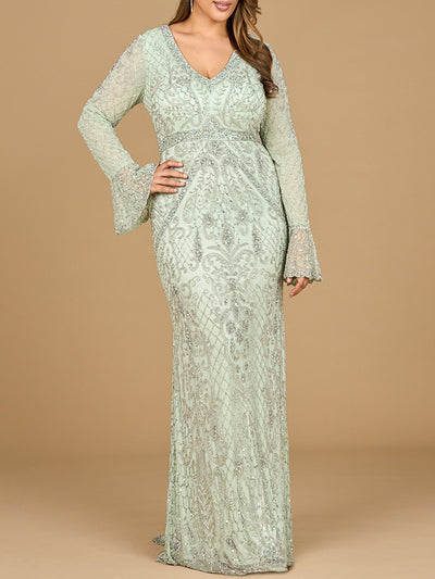 Long Bell Sleeve V-Neck Beaded Gown