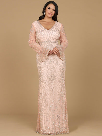 Long Bell Sleeve V-Neck Beaded Gown