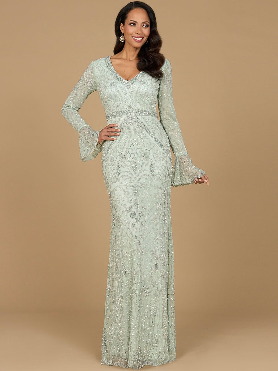 Long Bell Sleeve V-Neck Beaded Gown