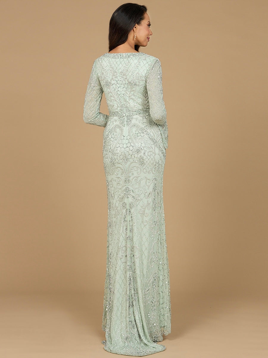 Long Bell Sleeve V-Neck Beaded Gown