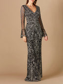 Long Bell Sleeve V-Neck Beaded Gown | 29358
