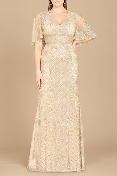 Lara 29397 - Cape Sleeve V-Neck Beaded Gown