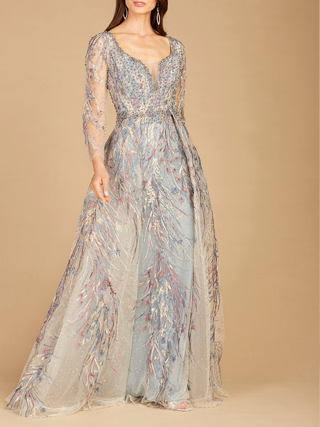 Long Sleeve Contrast Embroidered Gown with Overskirt – Lara New York