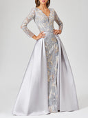 Long Sleeve Lace Gown with Removable Over Skirt | 29468