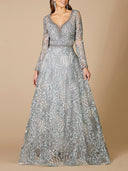 Long Sleeve Lace Ballgown with V-Neckline OUTLET
