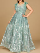 Lace ballgown with Feather Cap Sleeves