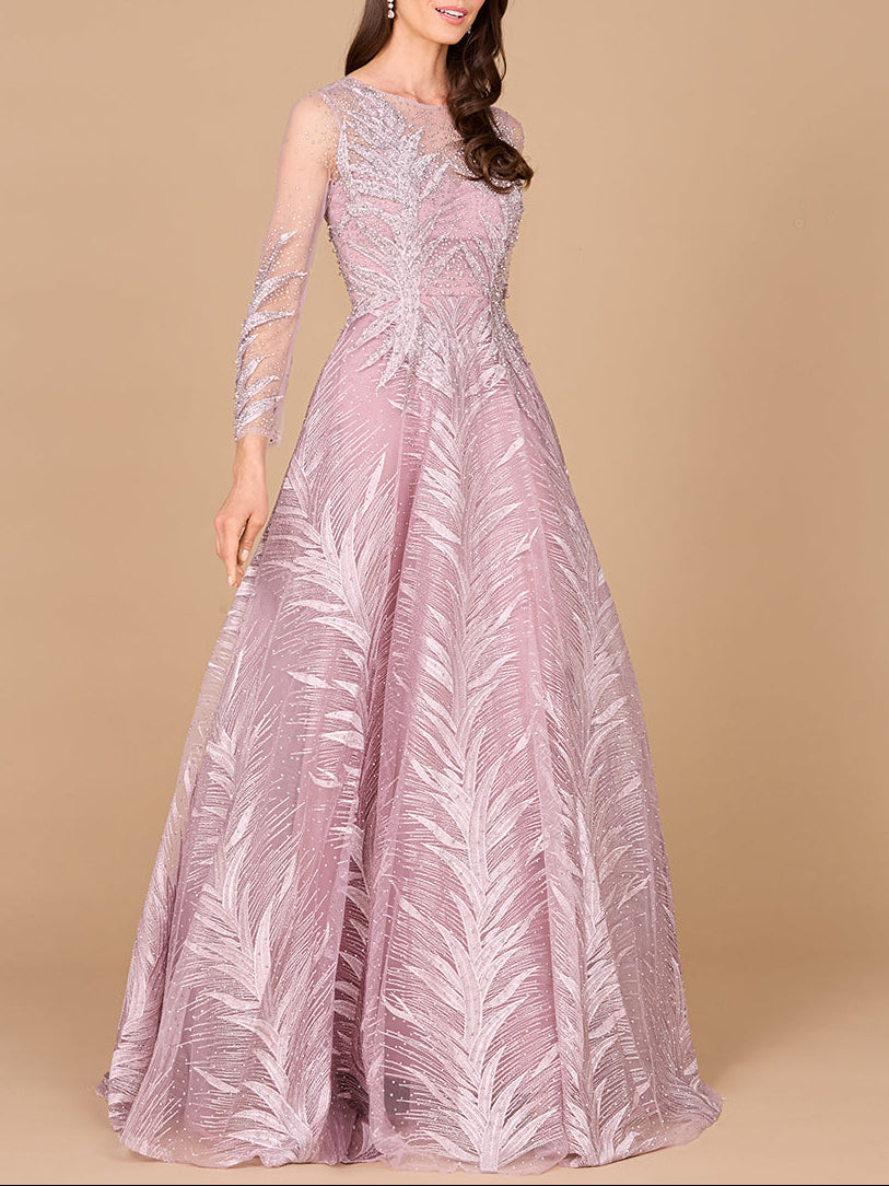 Lara 29761 - High Neck Sheer Long Sleeve Embellished Gown Mauve / 20