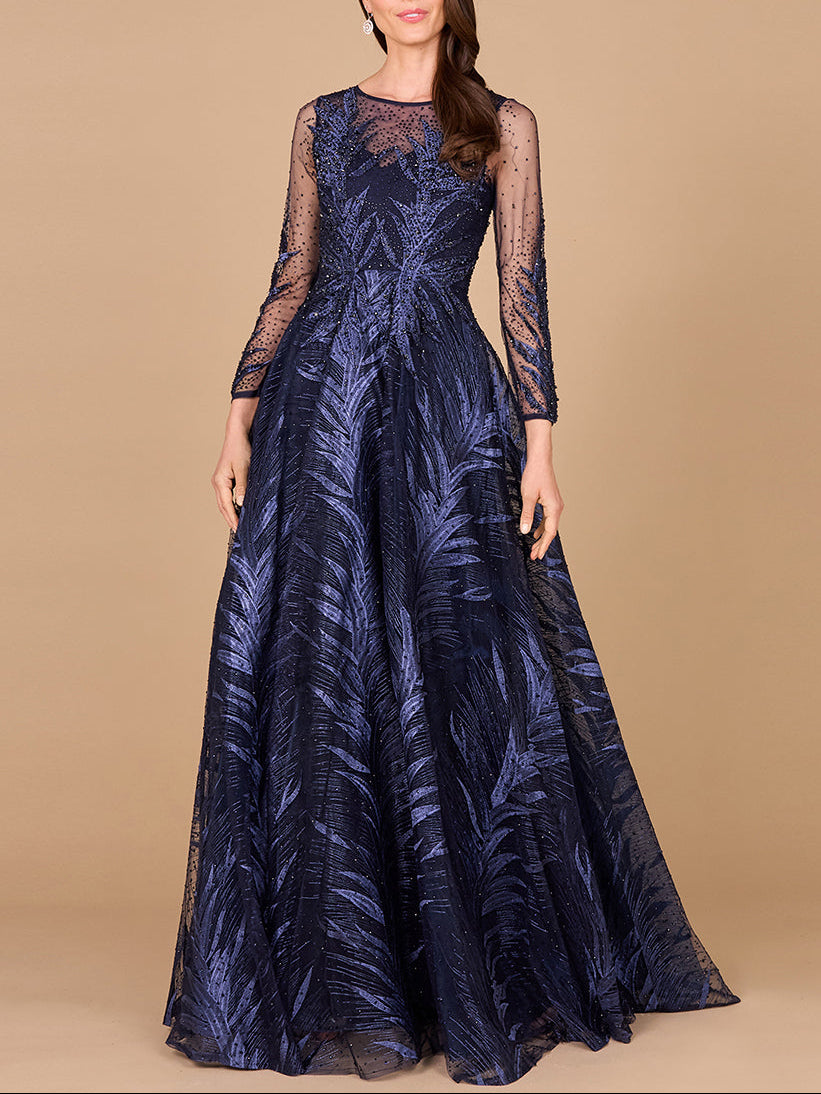 Lara 29761 - High Neck Sheer Long Sleeve Embellished Gown Navy / 10 Lara 29761 - High Neck Sheer Long Sleeve Embellished Gown Navy / 10