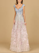 Lara 29783 - Cap Sleeves Feather Detail Ballgown-Dress-Lara-Multi-4-Lara