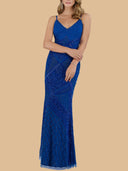 Lara New York royal blue beaded evening gown with spaghetti straps and V-neckline, fitted column silhouette formal dress with intricate geometric beadwork and sequin embroidery, floor-length elegant gown for mother of the bride, wedding guest, gala, or formal event