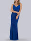 Woman wearing a blue evening gown on a gray background