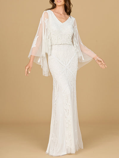 Lara 51186 Beaded Cape Sleeve Wedding Dress