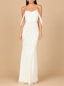 A stunning strapless gown in white, made of beaded lace, exemplifying grace and intricate detailing.