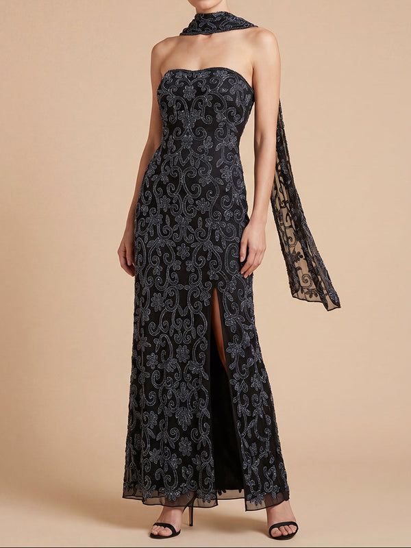 Strapless Beaded Gown with Scarf | Lara 9916