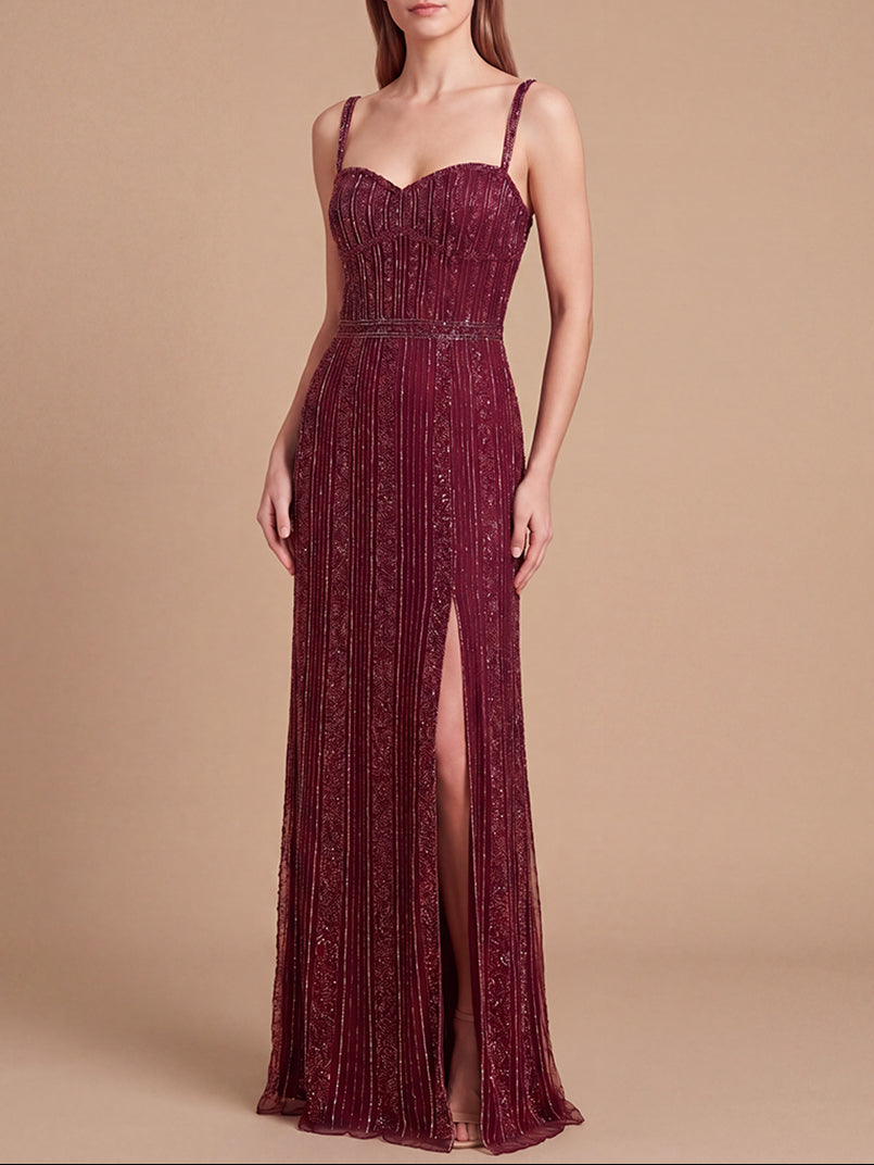 Designer prom 2027 gown — Lara 9917 wine beaded prom 2027 gown 3