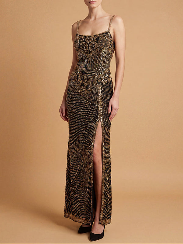 Woman wearing a gold beaded evening gown on a beige background