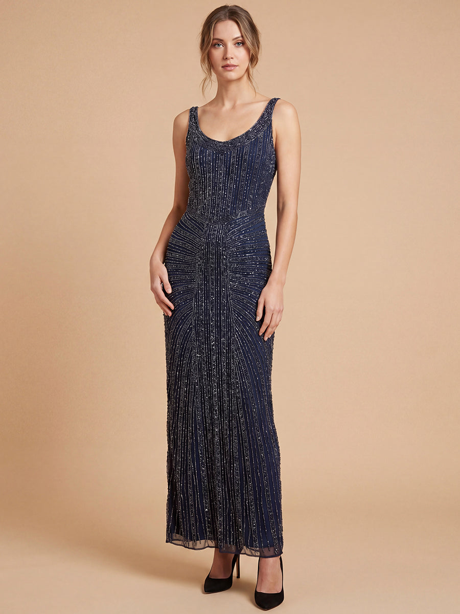 Lara New York beaded subtle V-neck gown in navy 9920 — Lara prom dresses 2027 near me