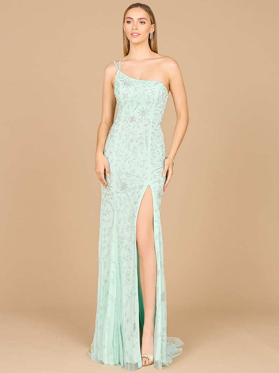 Lara 9938 - One Shoulder Beaded Gown with Slit