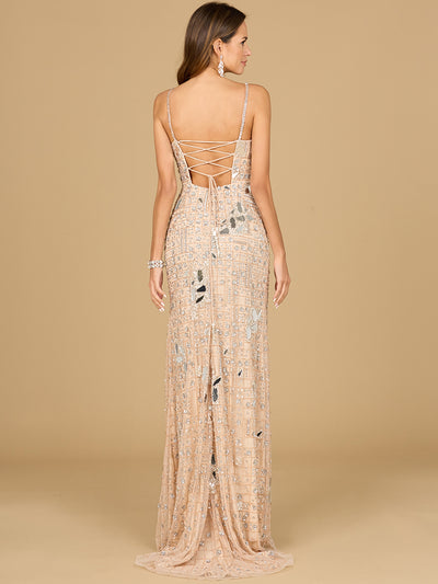 Lara 9939 - Mirror Beaded Gown With High Slit