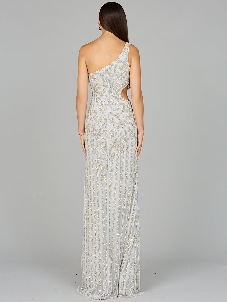 Lara 9947 - One-Shoulder Beaded Gown with Slit