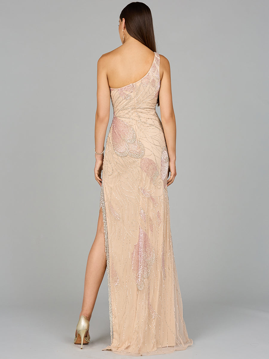 One Shoulder Beaded Gown with Fringe Slit – Lara New York