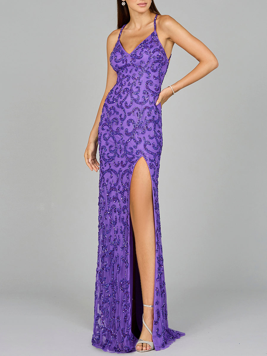Lara 9950 - Sultry Beaded Gown with Slit