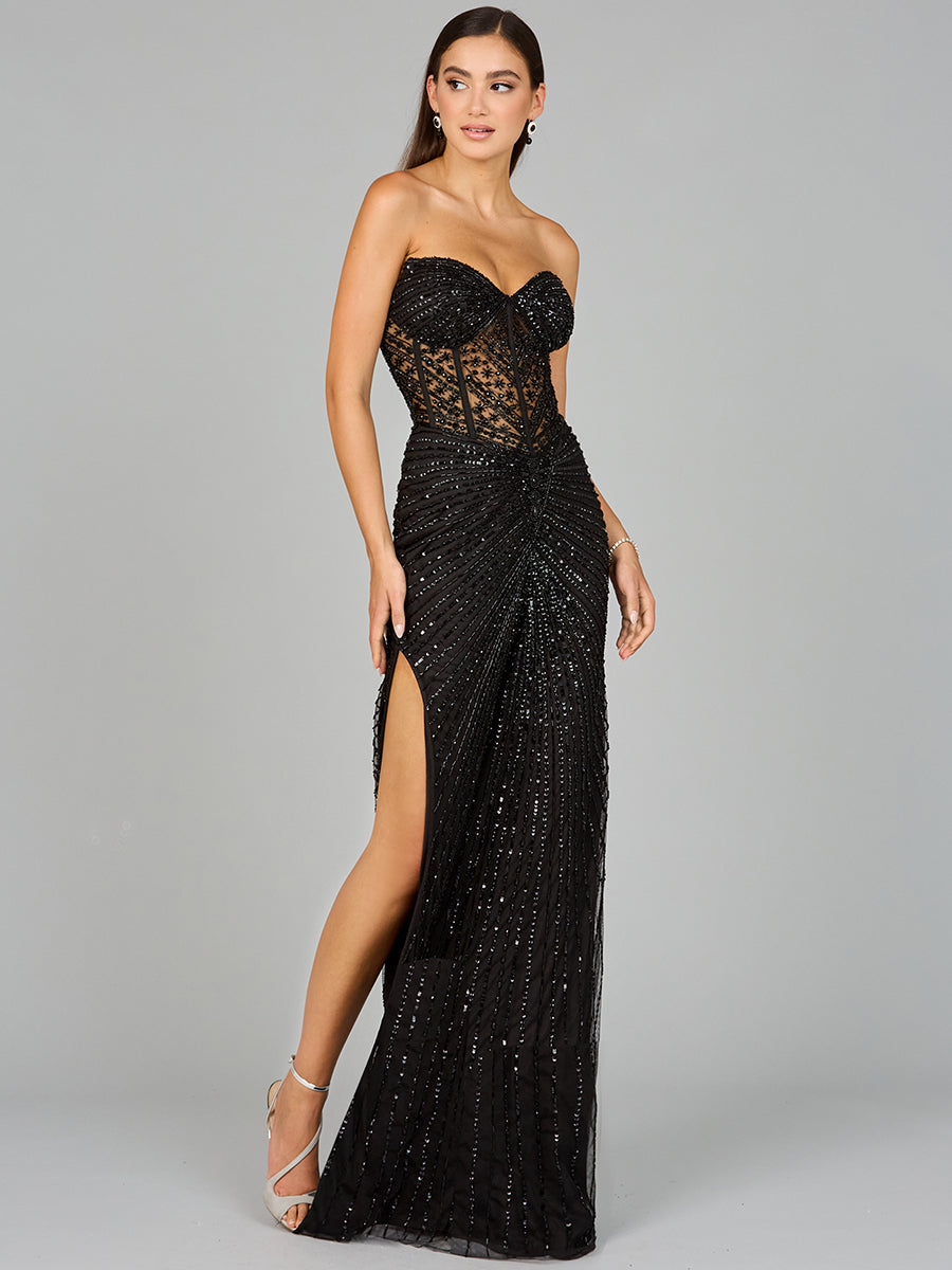 Lara 9953 - Embellished Strapless Gown with Slit