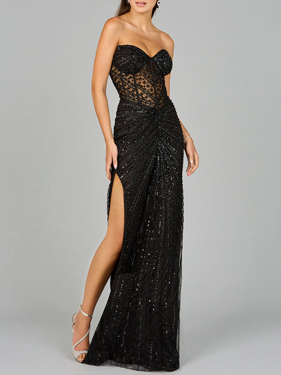 Lara 9953 - Embellished Strapless Gown with Slit