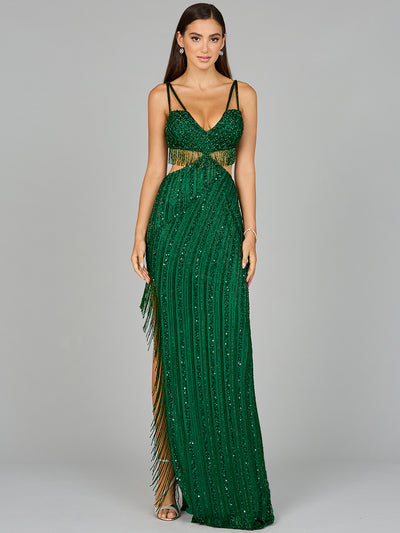 Lara 9957 - Cutout Beaded Gown with Fringes