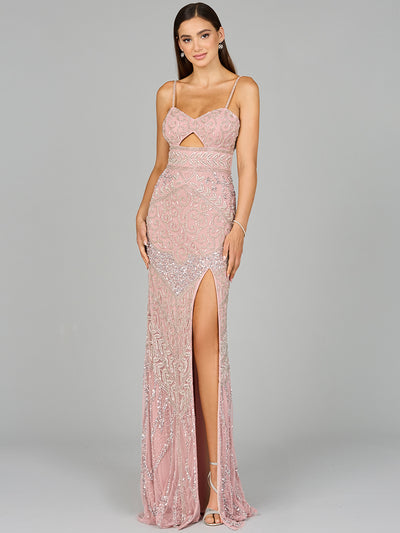 Lara 9959 - Embellished Gown with Slit And Low Back