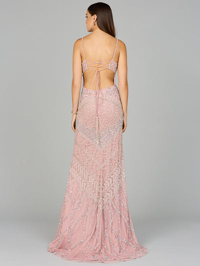 Lara 9959 - Embellished Gown with Slit And Low Back