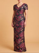 Lara Sheath Brocade Gown with Short Sleeves | 400011