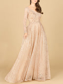 Lara 29142 - Long Sleeve, A-line Gown with a V-Neckline-Dress-Lara-4-Champagne-Lara